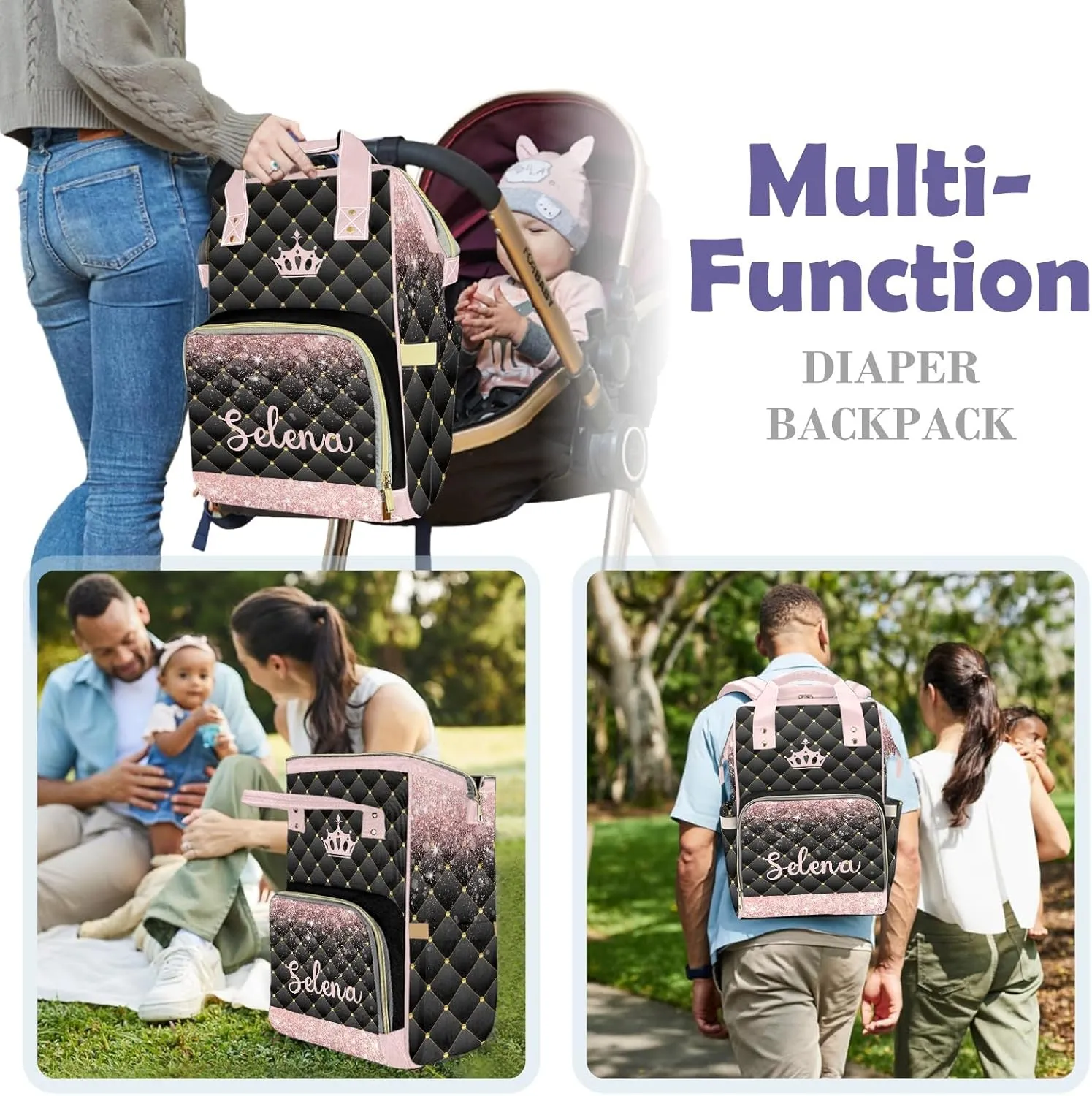 Customizable Large Capacity Diaper Bag Personalized Name, Waterproof Multi-Function Mommy Bag with Thermal Pockets for Girls and Boys-princess