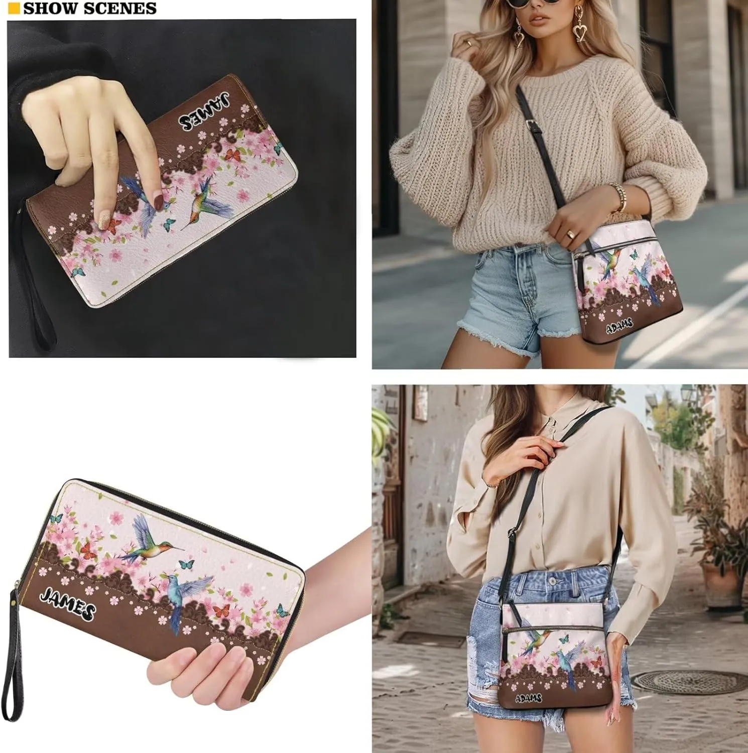 Customized Womens Crossbody Bag with Purse Brown Shoulder Purse and Wallet Set for Shopping Walking