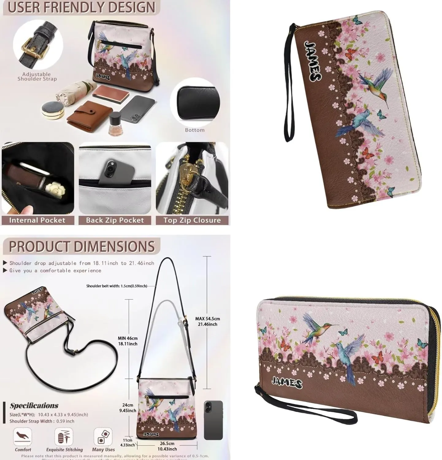 Customized Womens Crossbody Bag with Purse Brown Shoulder Purse and Wallet Set for Shopping Walking