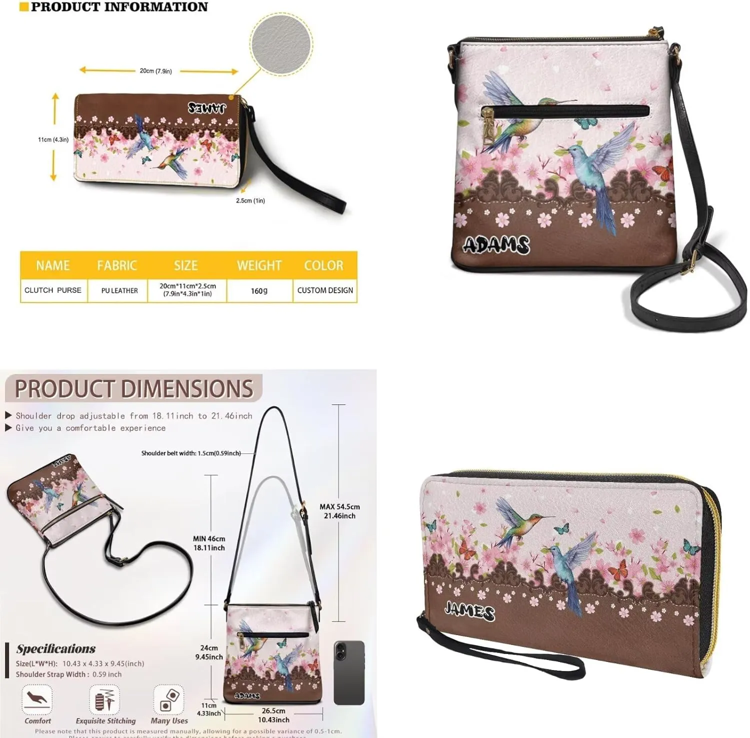 Customized Womens Crossbody Bag with Purse Brown Shoulder Purse and Wallet Set for Shopping Walking