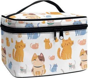 Cute Cats Make Up Bags Cosmetic Case for Women, Cartoon Kitty Pattern Makeup Bag Toiletry Bag with Handle Essential Organizer for Travel-Size
