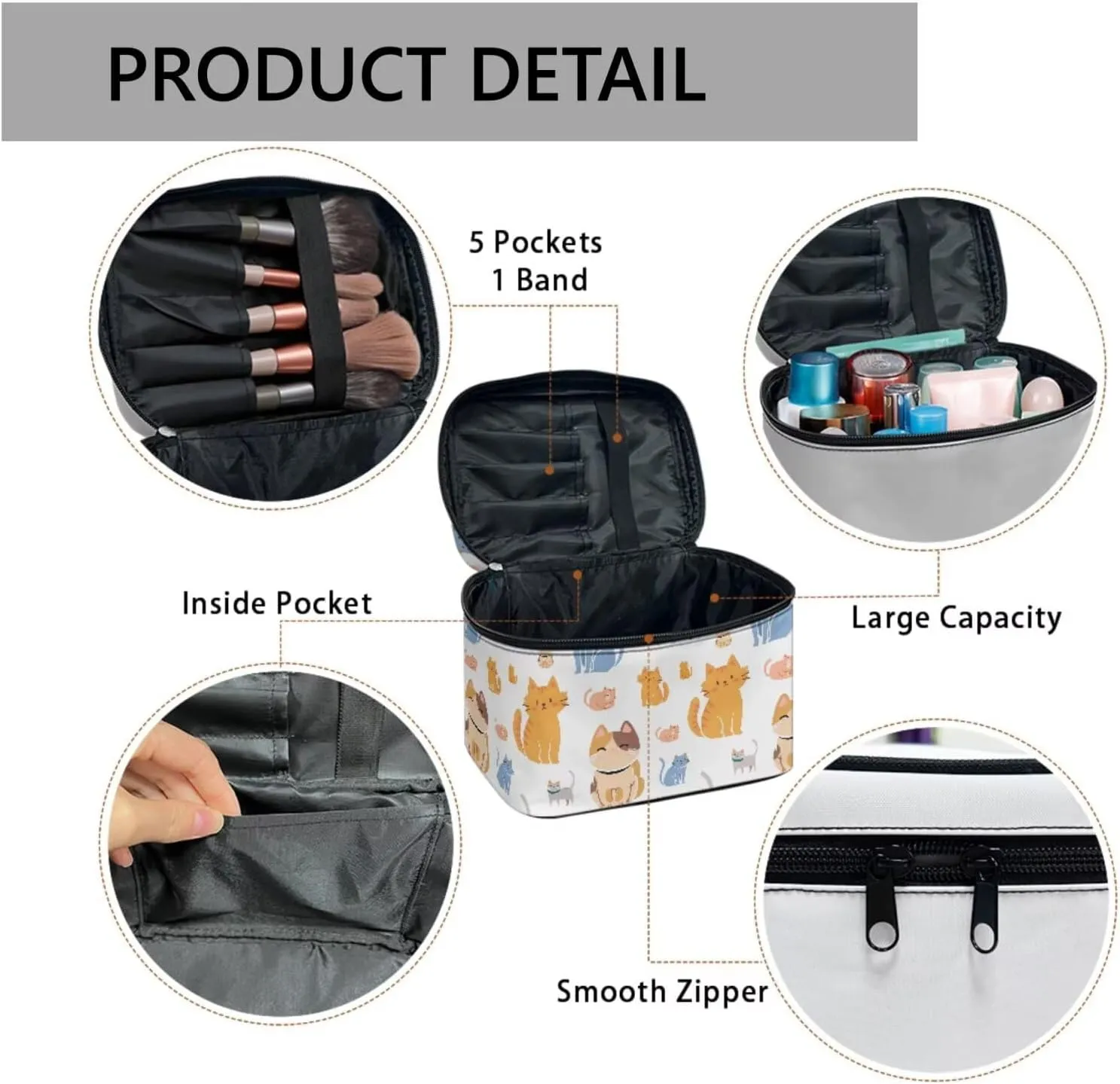Cute Cats Make Up Bags Cosmetic Case for Women, Cartoon Kitty Pattern Makeup Bag Toiletry Bag with Handle Essential Organizer for Travel-Size