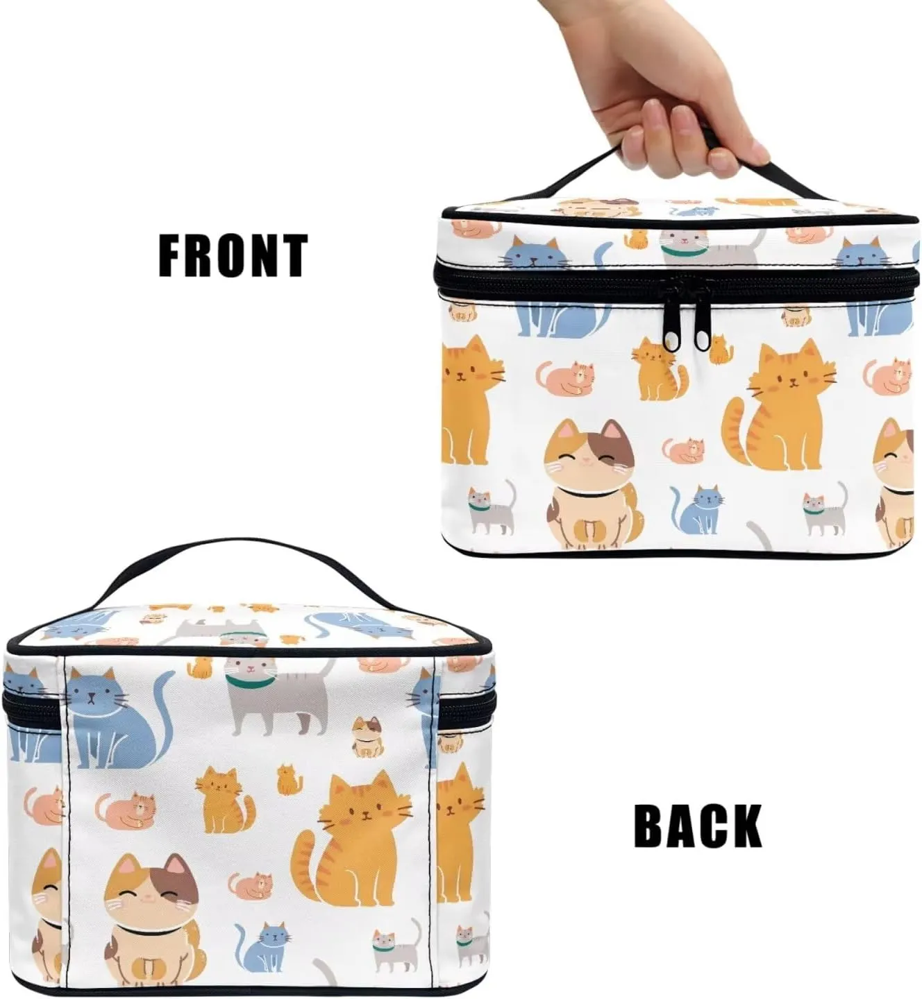 Cute Cats Make Up Bags Cosmetic Case for Women, Cartoon Kitty Pattern Makeup Bag Toiletry Bag with Handle Essential Organizer for Travel-Size