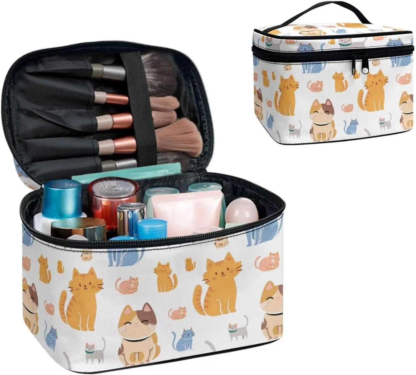 Cute Cats Make Up Bags Cosmetic Case for Women, Cartoon Kitty Pattern Makeup Bag Toiletry Bag with Handle Essential Organizer for Travel-Size