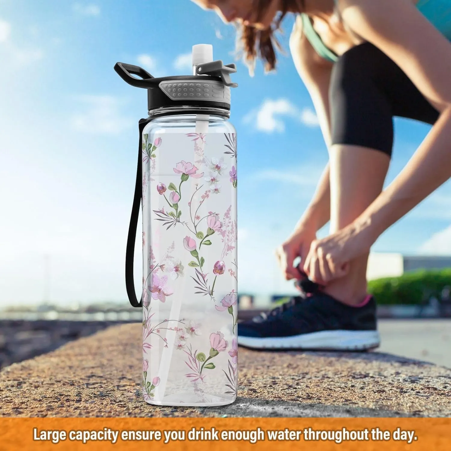 Cute Floral Pattern Water Bottle with Straw Lid 32oz Leakproof Clear Gym Water Bottles for Women Men Outdoor Sport Drinking