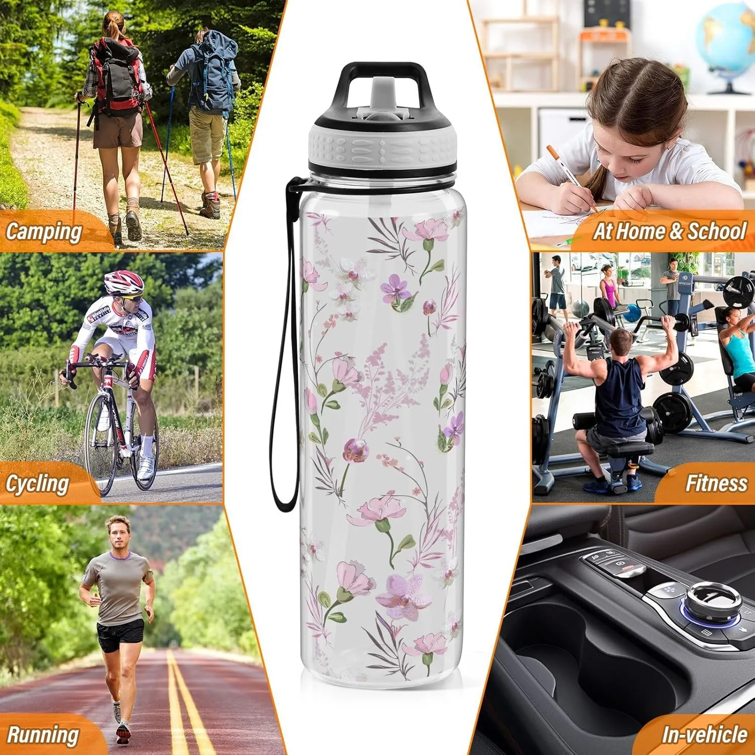 Cute Floral Pattern Water Bottle with Straw Lid 32oz Leakproof Clear Gym Water Bottles for Women Men Outdoor Sport Drinking