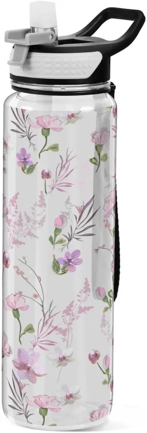Cute Floral Pattern Water Bottle with Straw Lid 32oz Leakproof Clear Gym Water Bottles for Women Men Outdoor Sport Drinking