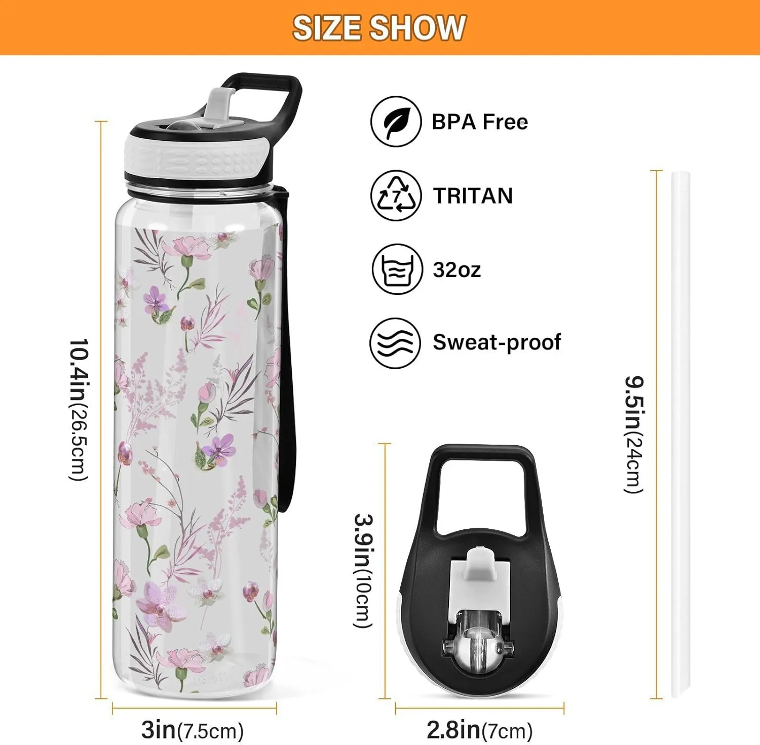 Cute Floral Pattern Water Bottle with Straw Lid 32oz Leakproof Clear Gym Water Bottles for Women Men Outdoor Sport Drinking