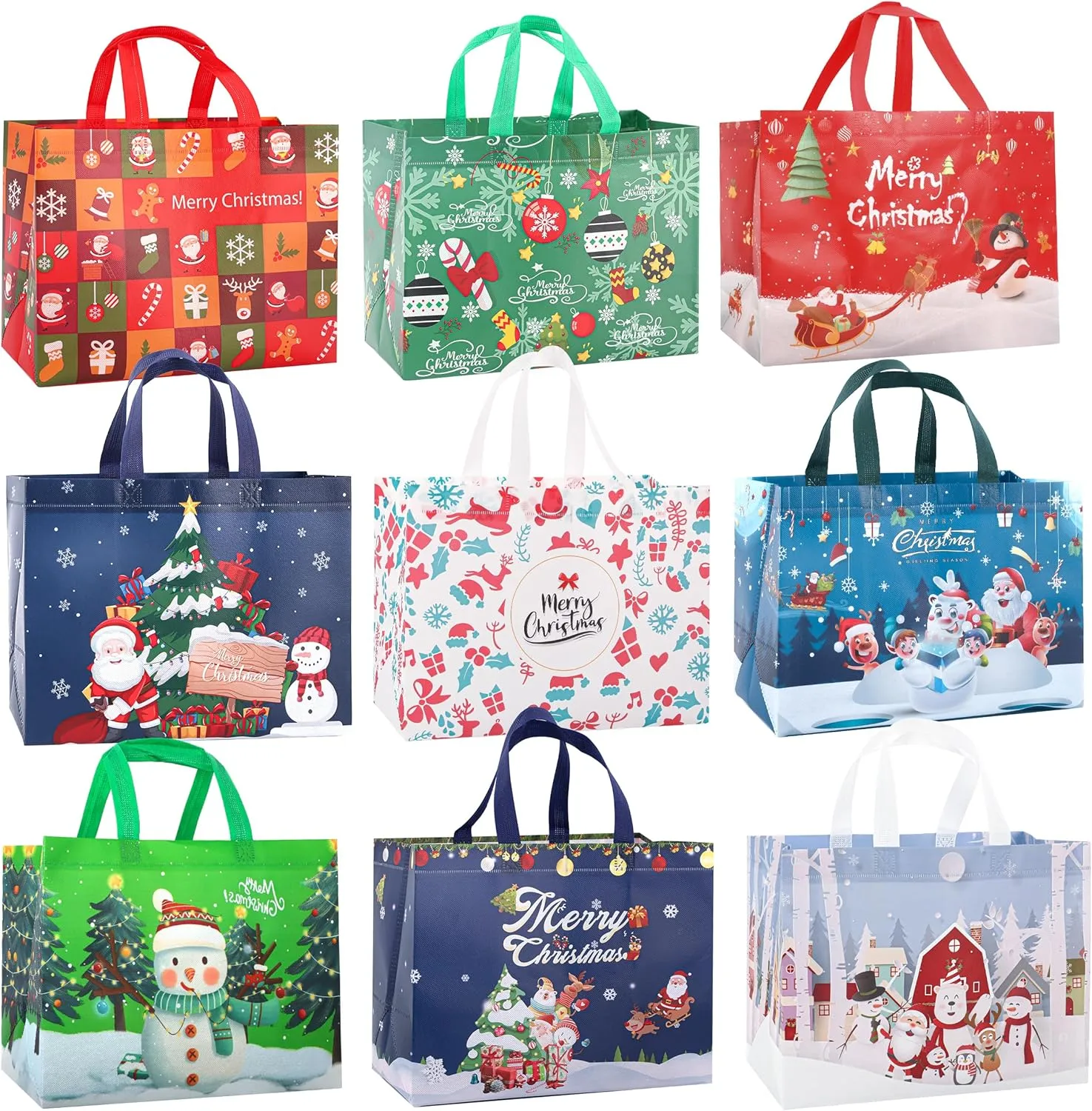 CVNDKN Christmas Gift Bags,9 Pcs Christmas Tote Bags with Handles for Shopping,Grocery Bags,Gifts Wrapping,Christmas Party Supplies Decorations,12.7"*9.8"*6.7" Reusable Gift Bags.