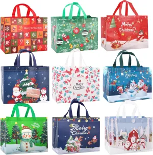 CVNDKN Christmas Gift Bags,9 Pcs Christmas Tote Bags with Handles for Shopping,Grocery Bags,Gifts Wrapping,Christmas Party Supplies Decorations,12.7"*9.8"*6.7" Reusable Gift Bags.