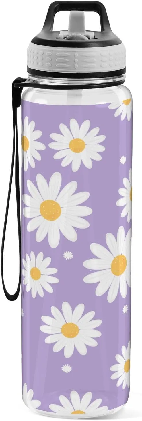 Daisy Flower Purple Water Bottle with Straw Lid 32oz Leakproof Clear Gym Water Bottles for Women Men Outdoor Sport Drinking