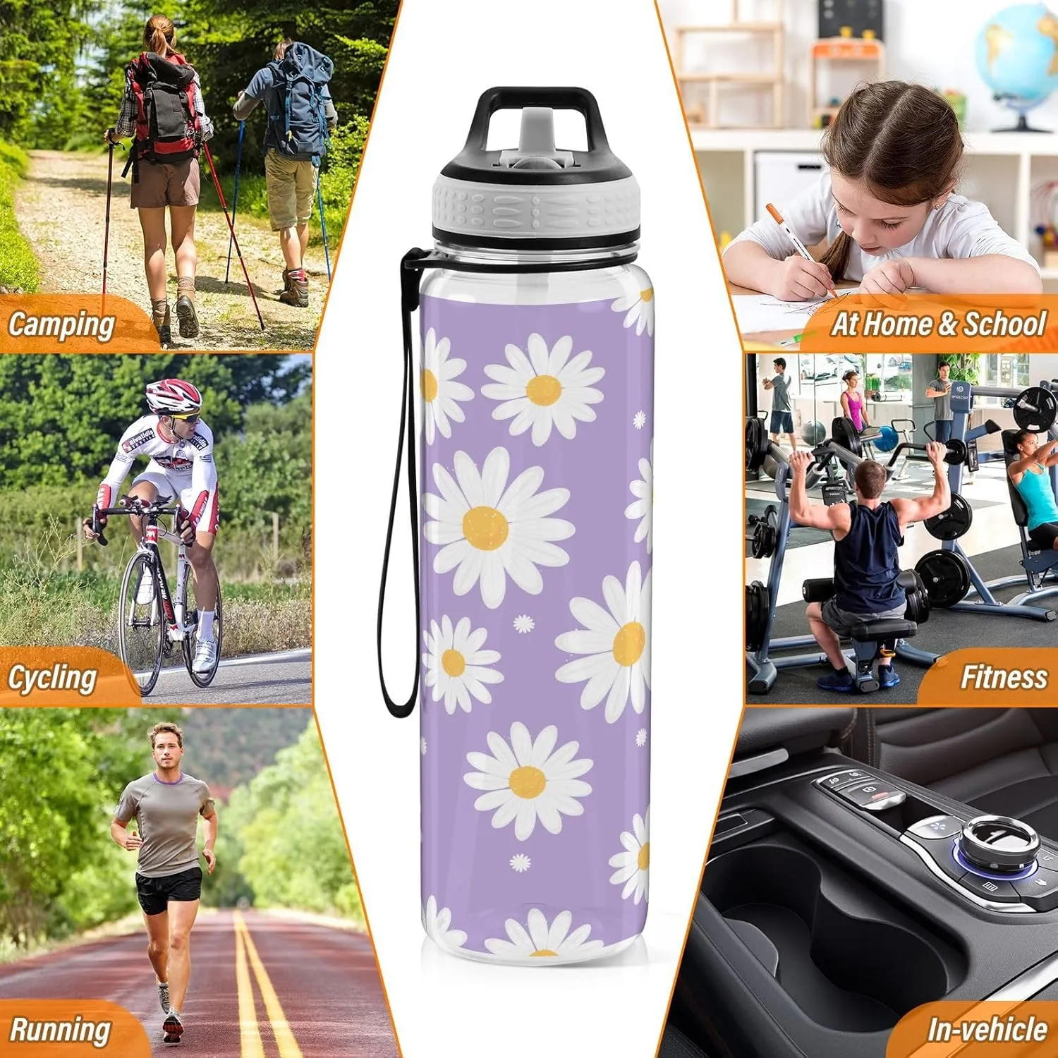 Daisy Flower Purple Water Bottle with Straw Lid 32oz Leakproof Clear Gym Water Bottles for Women Men Outdoor Sport Drinking