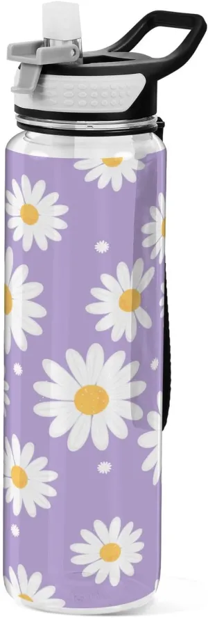 Daisy Flower Purple Water Bottle with Straw Lid 32oz Leakproof Clear Gym Water Bottles for Women Men Outdoor Sport Drinking