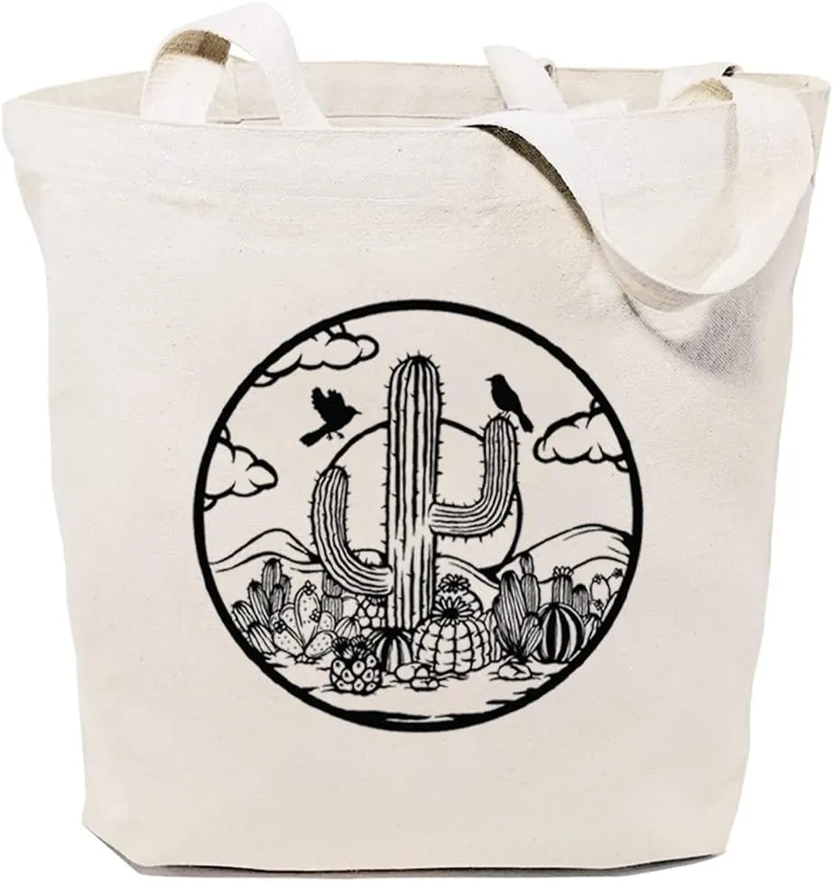 Desert Cactus Canvas Tote Bag for Women Aesthetic Nature Grocery Shoulder Bags for Shopping Travel Gift for Girls
