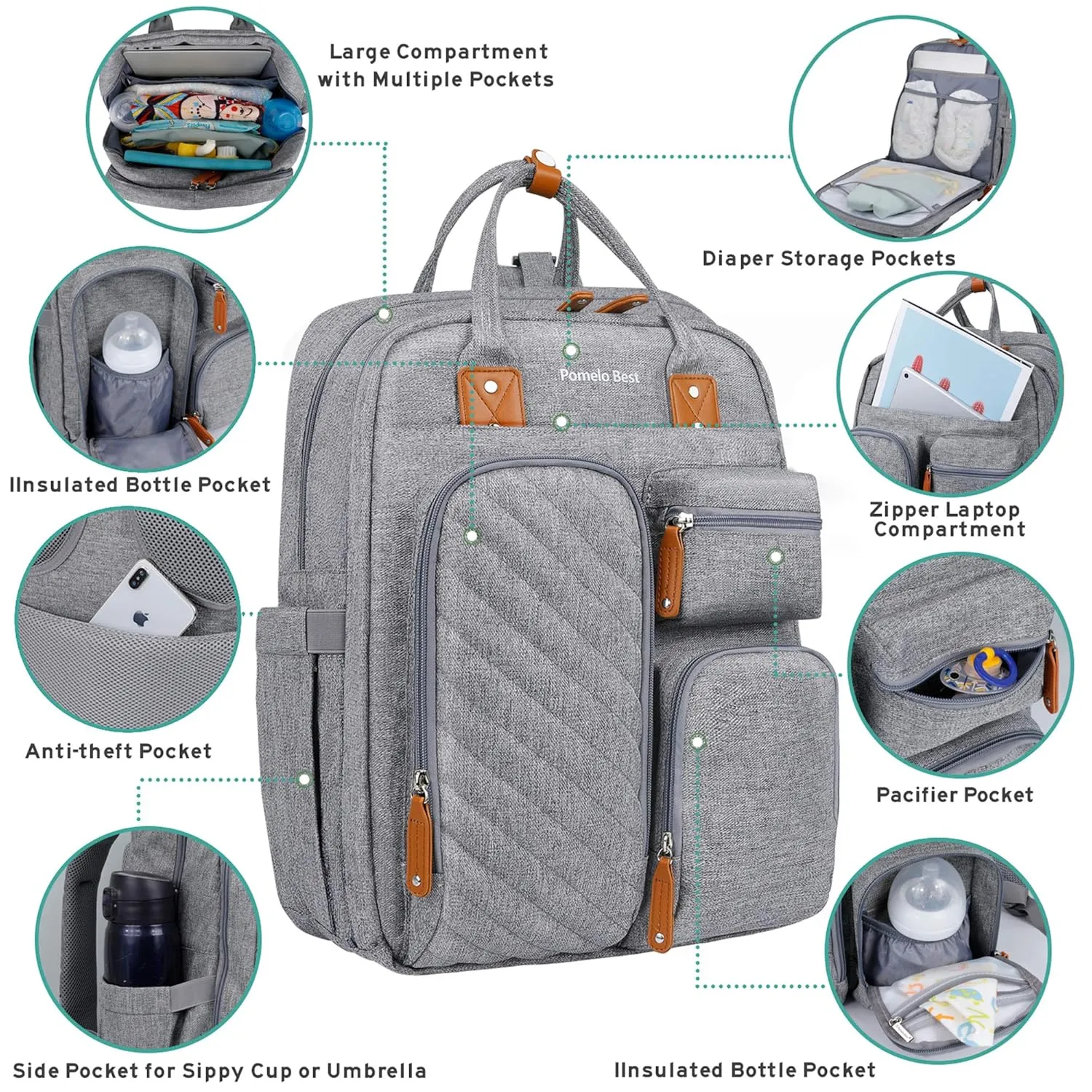 Diaper Bag Backpack, Large Capacity Baby Diaper Backpack with Tons of Pockets, Built-in Stroller Straps and Changing Pad, Multi function Waterproof Diaper Bag (Austere Gray)