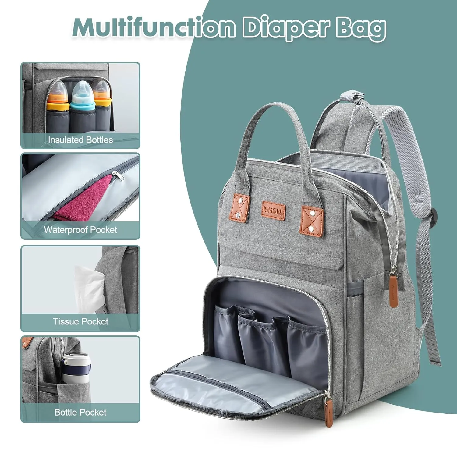 Diaper Bag Backpack, Large Diaper Bag, Multifunctional Diaper Bag, Baby Bag, Gray