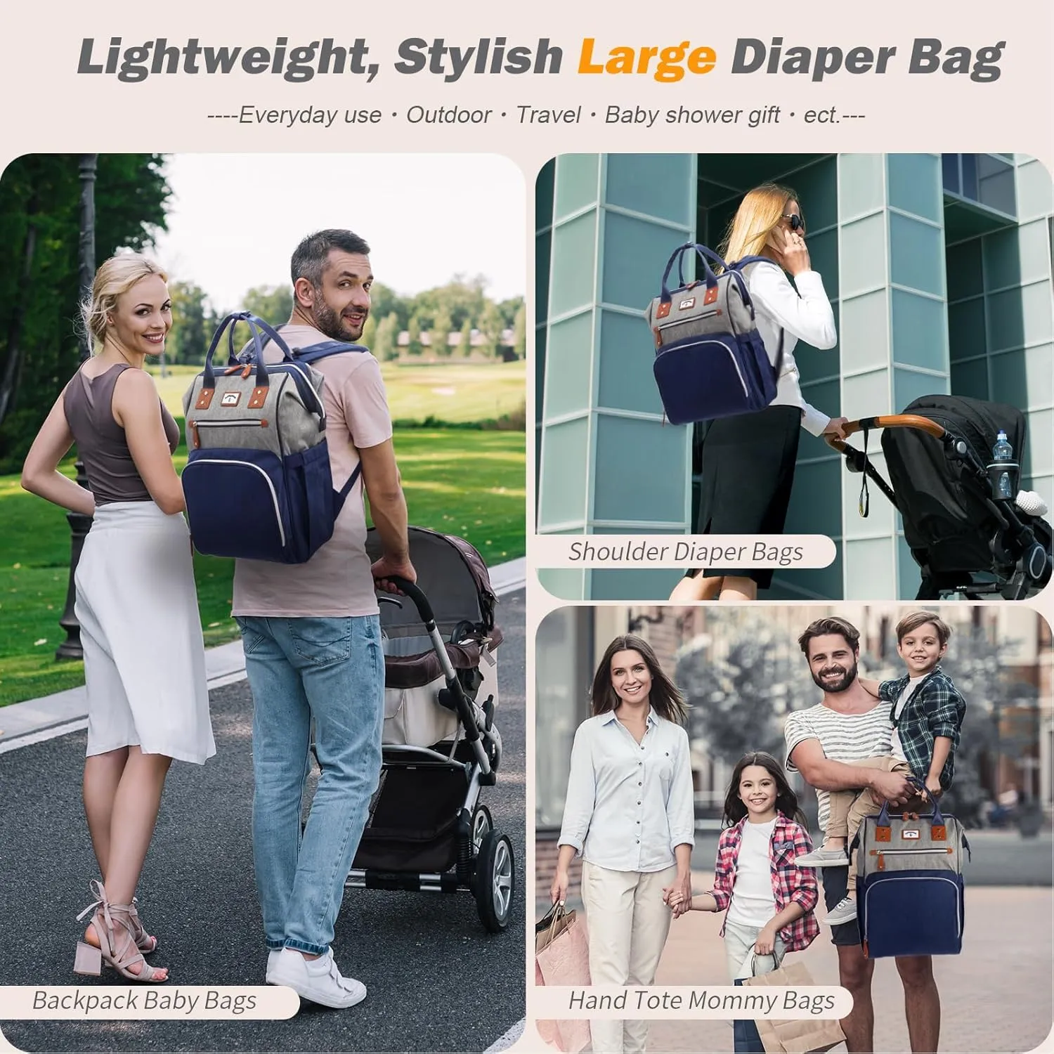 Diaper Bag Backpack: Tote Baby Bag for Boy and Girl, Large Mommy Bag Insulated Pockets Charger Holes for Men and Women, Nappy Bag for Baby Airplane Traveing Blue Grey