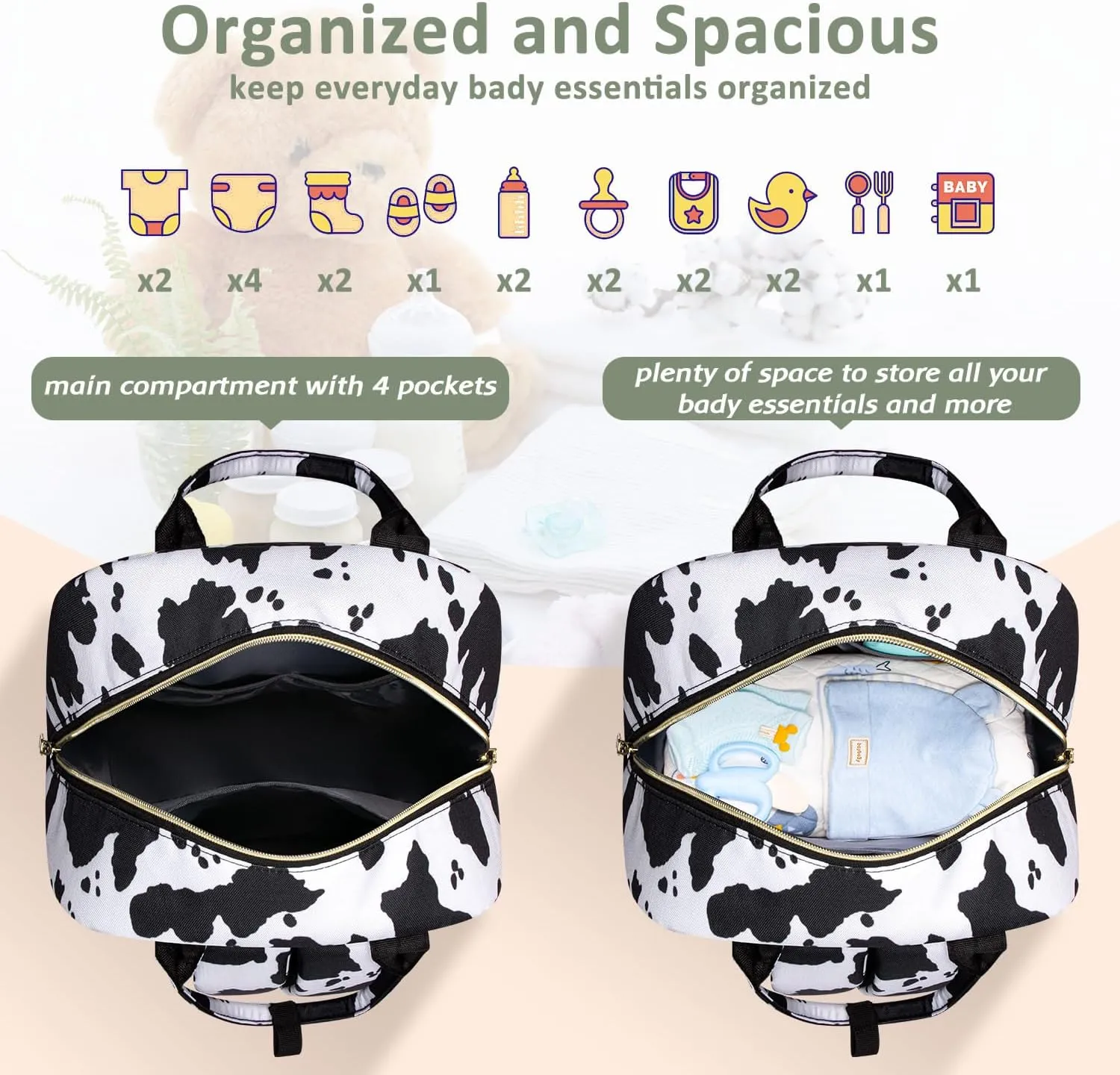 Diaper Bag Backpack,Baby Essentials Diapers Bag with Pacifier Case,Multipurpose Stylish Large Capacity Travel Backpack for Baby Girl/Boy(M-Cow Print)