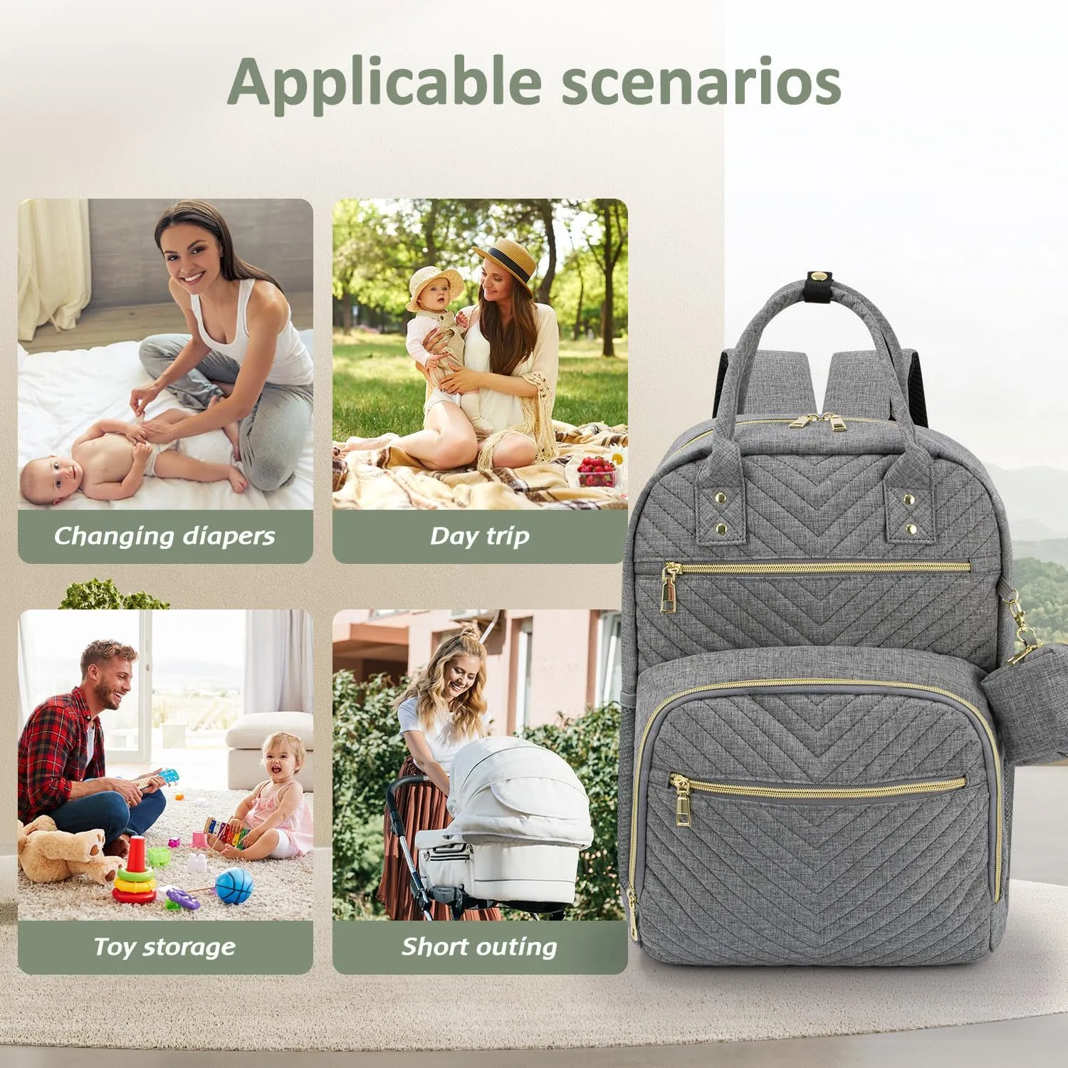 Diaper Bag Backpack,Baby Essentials Diapers Bag with Pacifier Case,Multipurpose Stylish Large Capacity Travel Backpack for Baby Girl/Boy(M-Gray)