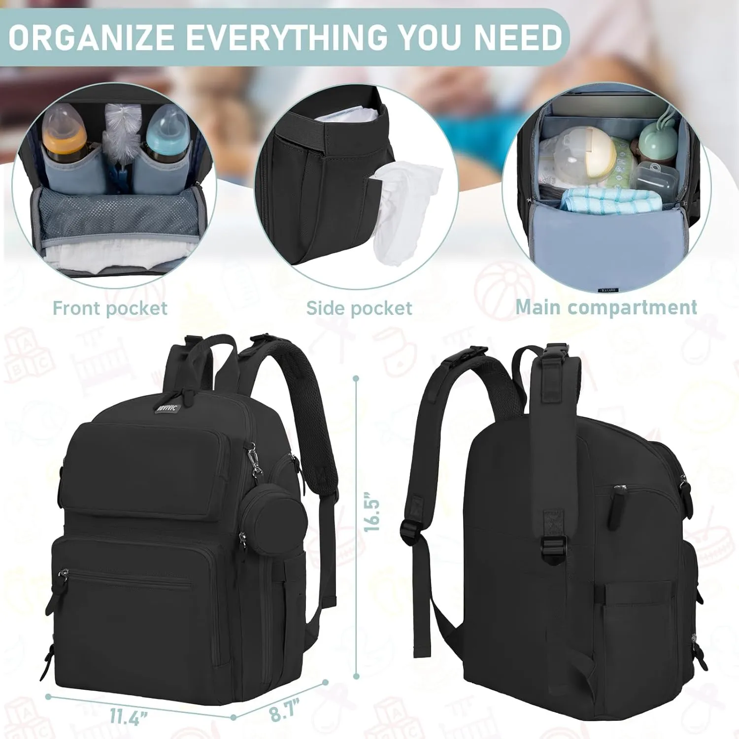 Diaper Bag Large Capacity Diaper Backpack Multi-Function Baby Diaper Bag For Dad And Mom With Insulated Pockets, Stroller Straps, Black
