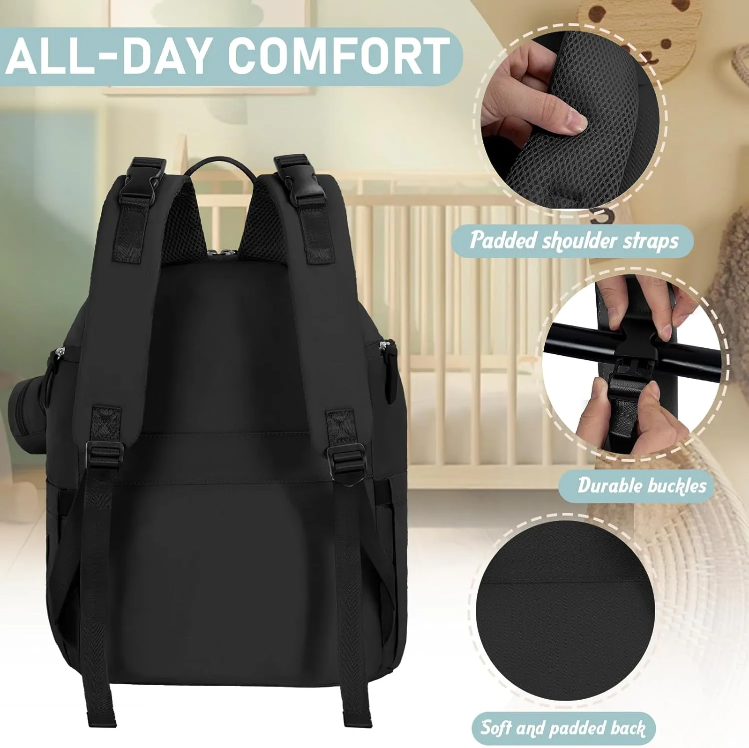 Diaper Bag Large Capacity Diaper Backpack Multi-Function Baby Diaper Bag For Dad And Mom With Insulated Pockets, Stroller Straps, Black