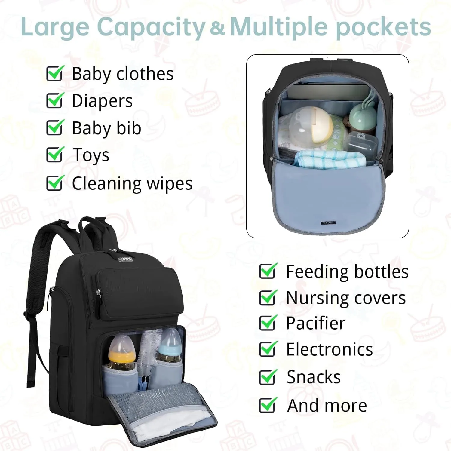 Diaper Bag Large Capacity Diaper Backpack Multi-Function Baby Diaper Bag For Dad And Mom With Insulated Pockets, Stroller Straps, Black
