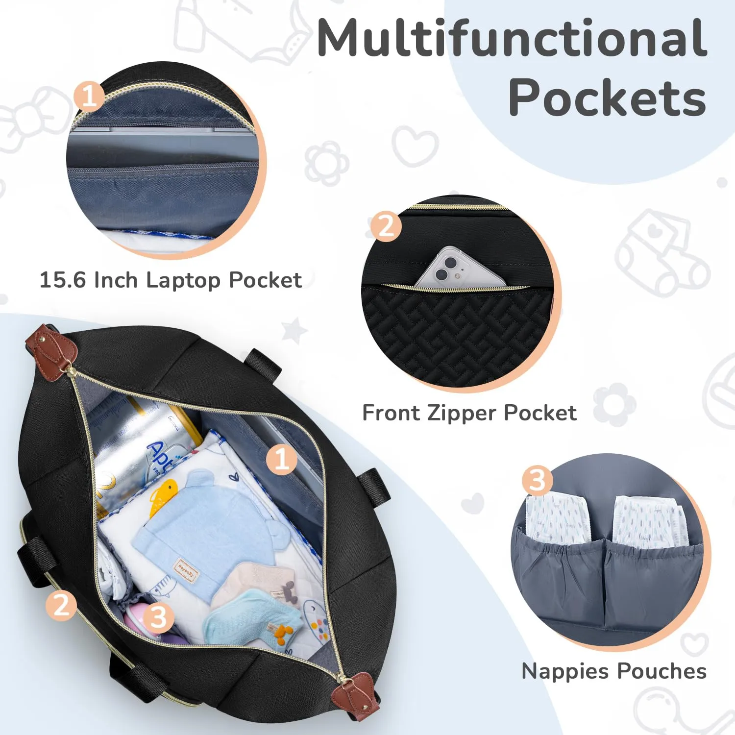 Diaper Bag Tote, Baby Bag Travel Diaper Tote Bag with Pacifier Case, Cute Maternity Hospital Baby Stylish Diaper Tote for Mom Dad Black