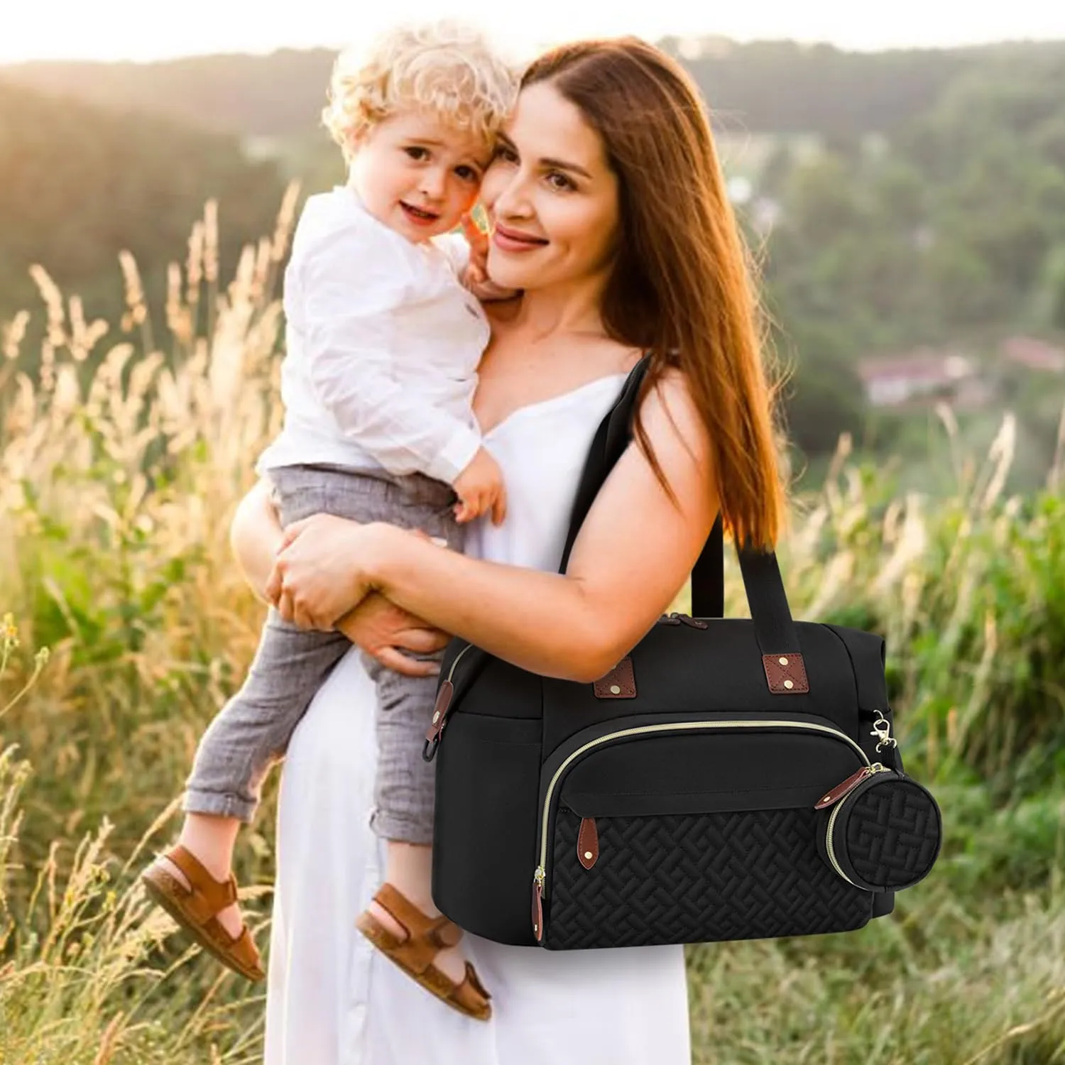 Diaper Bag Tote, Baby Bag Travel Diaper Tote Bag with Pacifier Case, Cute Maternity Hospital Baby Stylish Diaper Tote for Mom Dad Black