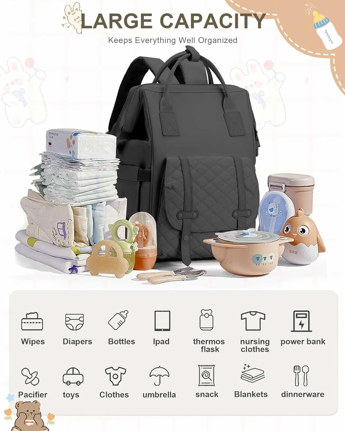 Diaper Bags Backpack Baby Bag for Mom Dad Baby Girls Boy, Cute Mult Diaper Nappy Bag Travel Back Pack, Water Repellent Maternity Changing Bag Baby Stuff with USB Charging Port Grey