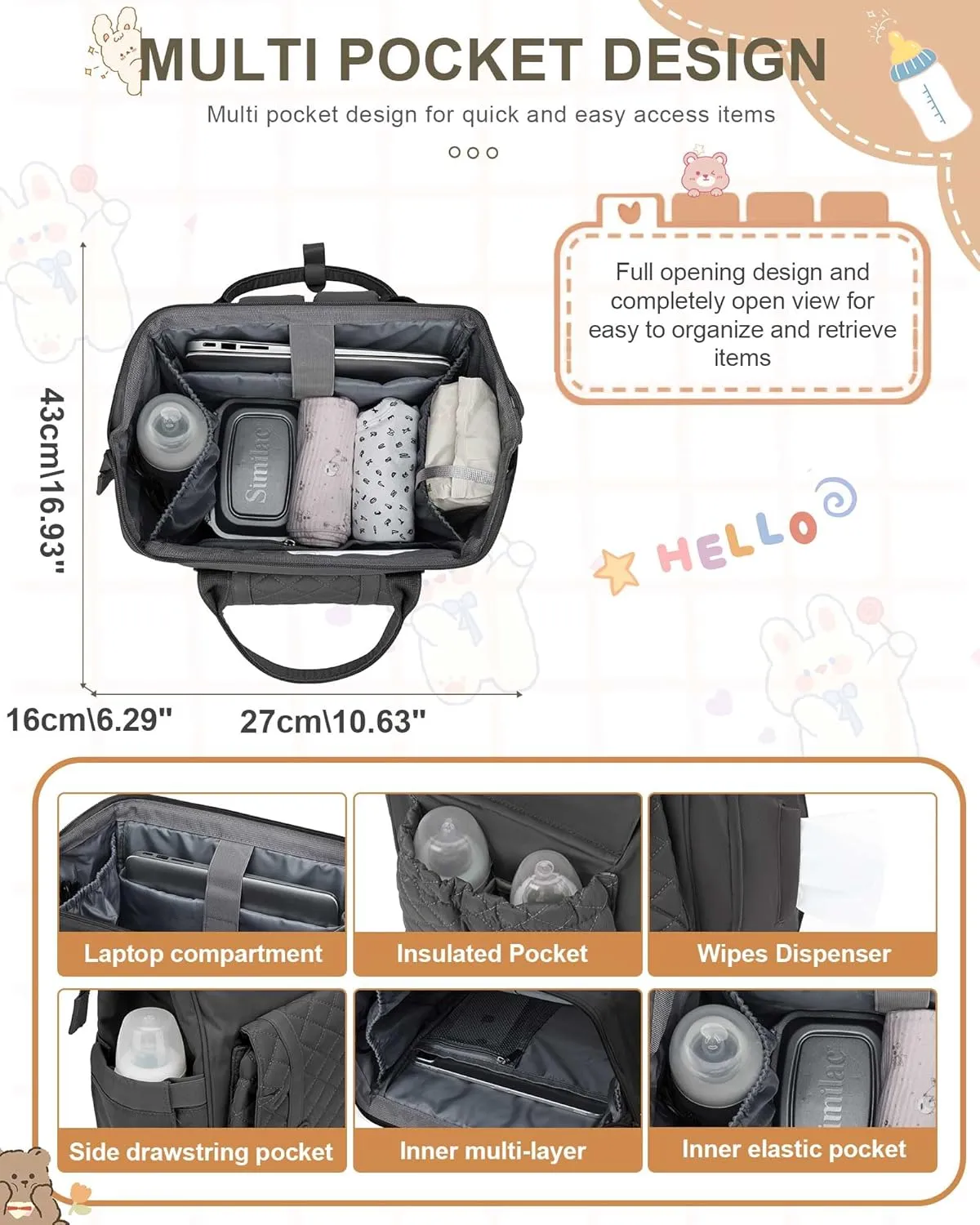 Diaper Bags Backpack Baby Bag for Mom Dad Baby Girls Boy, Cute Mult Diaper Nappy Bag Travel Back Pack, Water Repellent Maternity Changing Bag Baby Stuff with USB Charging Port Grey