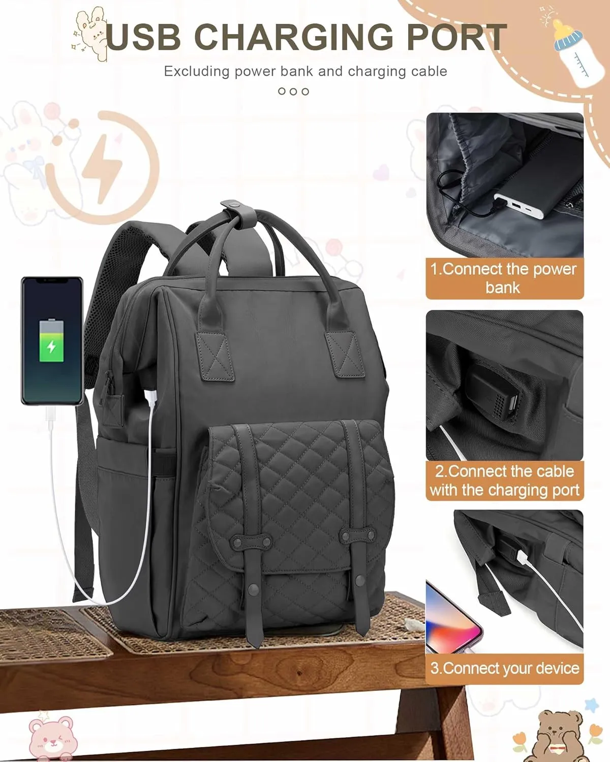 Diaper Bags Backpack Baby Bag for Mom Dad Baby Girls Boy, Cute Mult Diaper Nappy Bag Travel Back Pack, Water Repellent Maternity Changing Bag Baby Stuff with USB Charging Port Grey