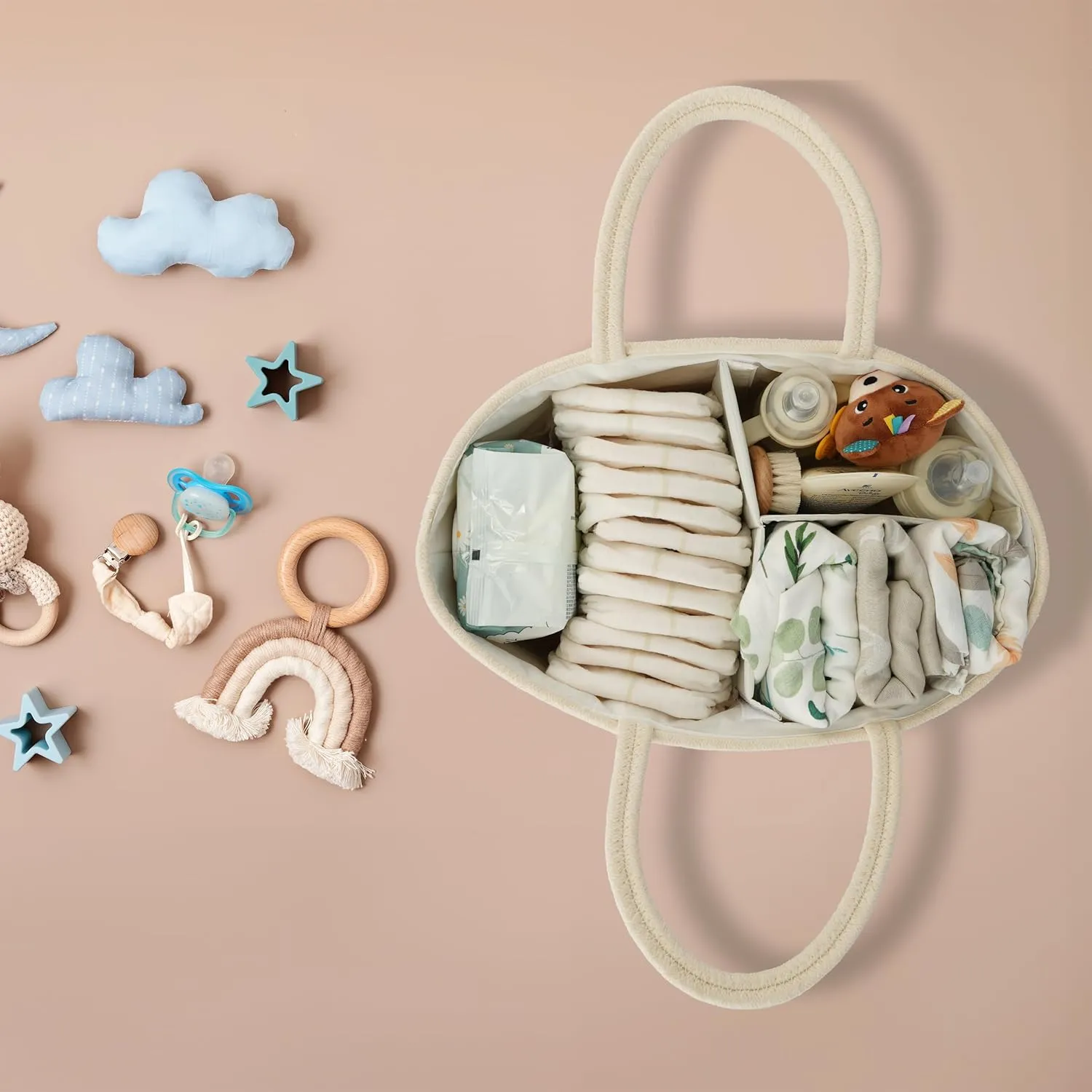 Diaper Caddy Organizer Cotton Rope Baby Basket Nursery Storage and Portable Tote Bag for Car Ideal Baby Shower Gifts and Registry Must-Have for Newborn Essentials Large beige