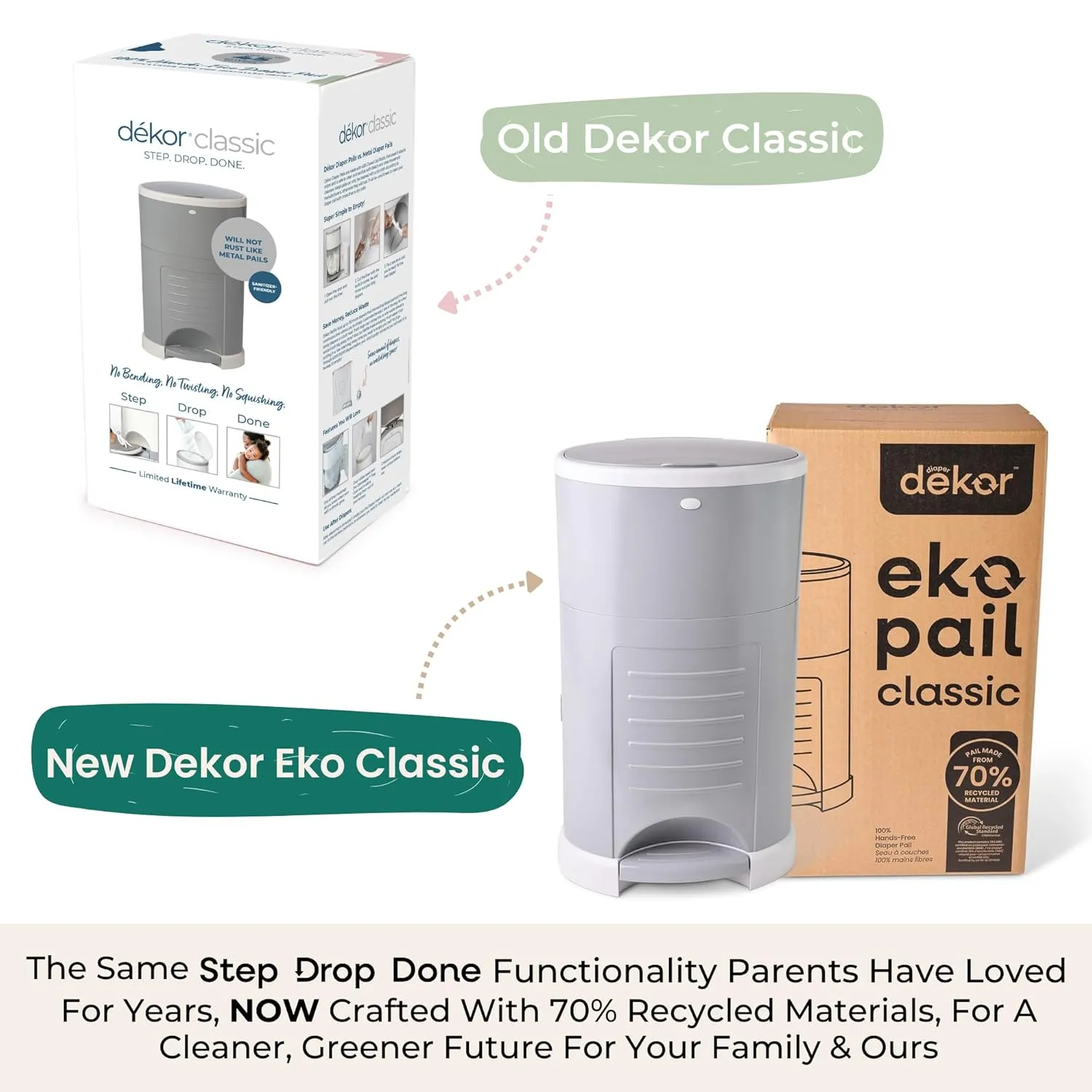 Diaper Dekor Classic Hands-Free Diaper Pail | Gray | Easiest to Use | Just Step – Drop – Done | Doesn’t Absorb Odors | 20 Second Bag Change | Most Economical Refill System