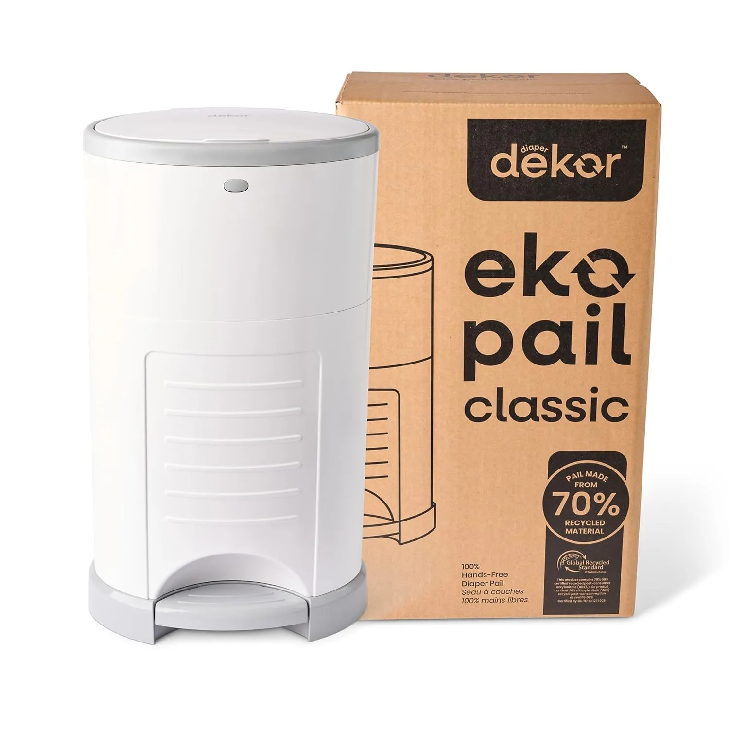 Diaper Dekor EKO Classic Diaper Pail, White | ONLY Eco-Friendly Diaper Pail Made with 70% Recycled Materials | Hands-Free: Step–Drop–Done | Cost-Effective Refill System