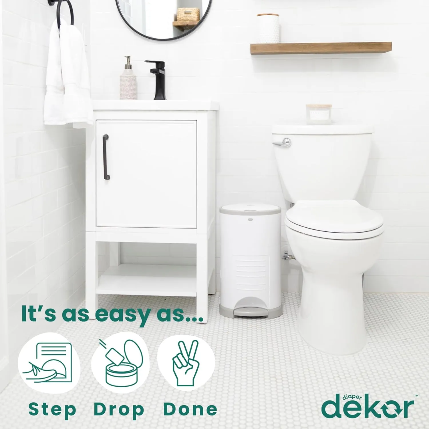 Diaper Dekor EKO Mini Diaper Pail, White | ONLY Eco-Friendly Diaper Pail Made with 70% Recycled Materials | Hands-Free: Step–Drop–Done | Cost-Effective Refill System