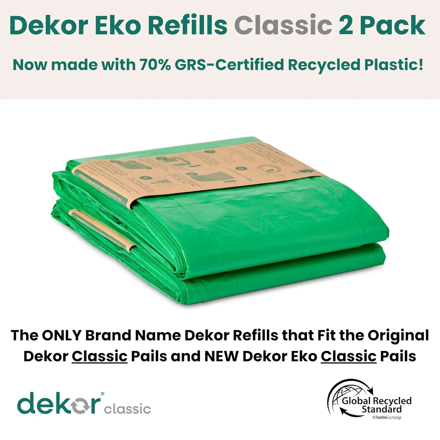 Diaper Dekor Pail Refills for Classic Original & Eko Diaper Pails, 2 Pack Unscented| Extra Thick Refills Made With 70% Recycled Materials