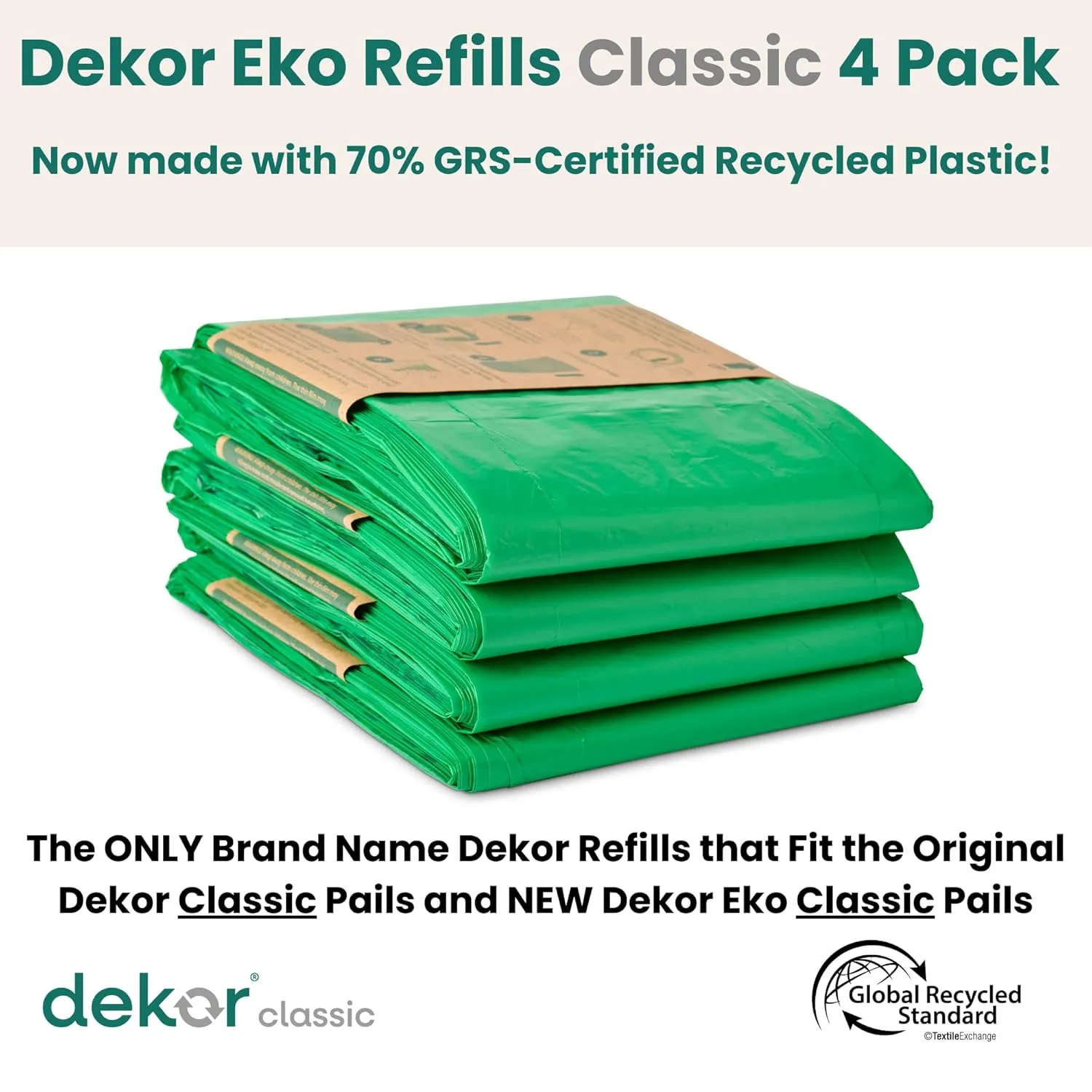 Diaper Dekor Pail Refills for Classic Original & Eko Diaper Pails, 4 Pack Unscented| Extra Thick Refills Made With 70% Recycled Materials