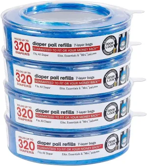 Diaper pail Refill Bags, 1280 Count, 4-Pack, compatible with diaper genie, Unscented or Clean Laundry Scent, Compatible with Complete and Expressions Pails, Durable and Leakproof, Blue
