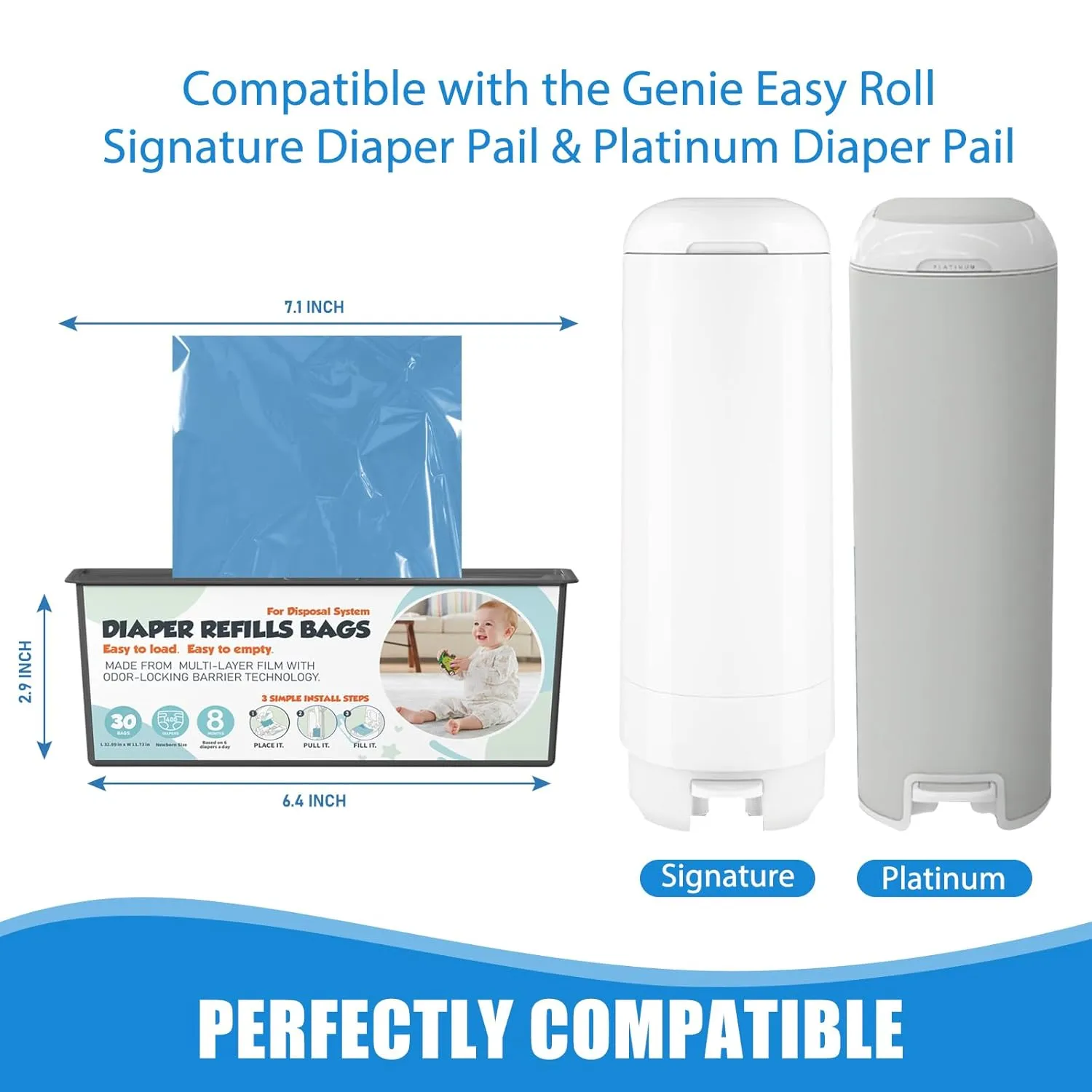 Diaper Pail Refills Bags with 30 Bags Compatible with Genie Easy Roll Signature and Platinum Diaper Pails, 7-Layer Odor-Barrier Technology, 4 Pack (120 Bag)