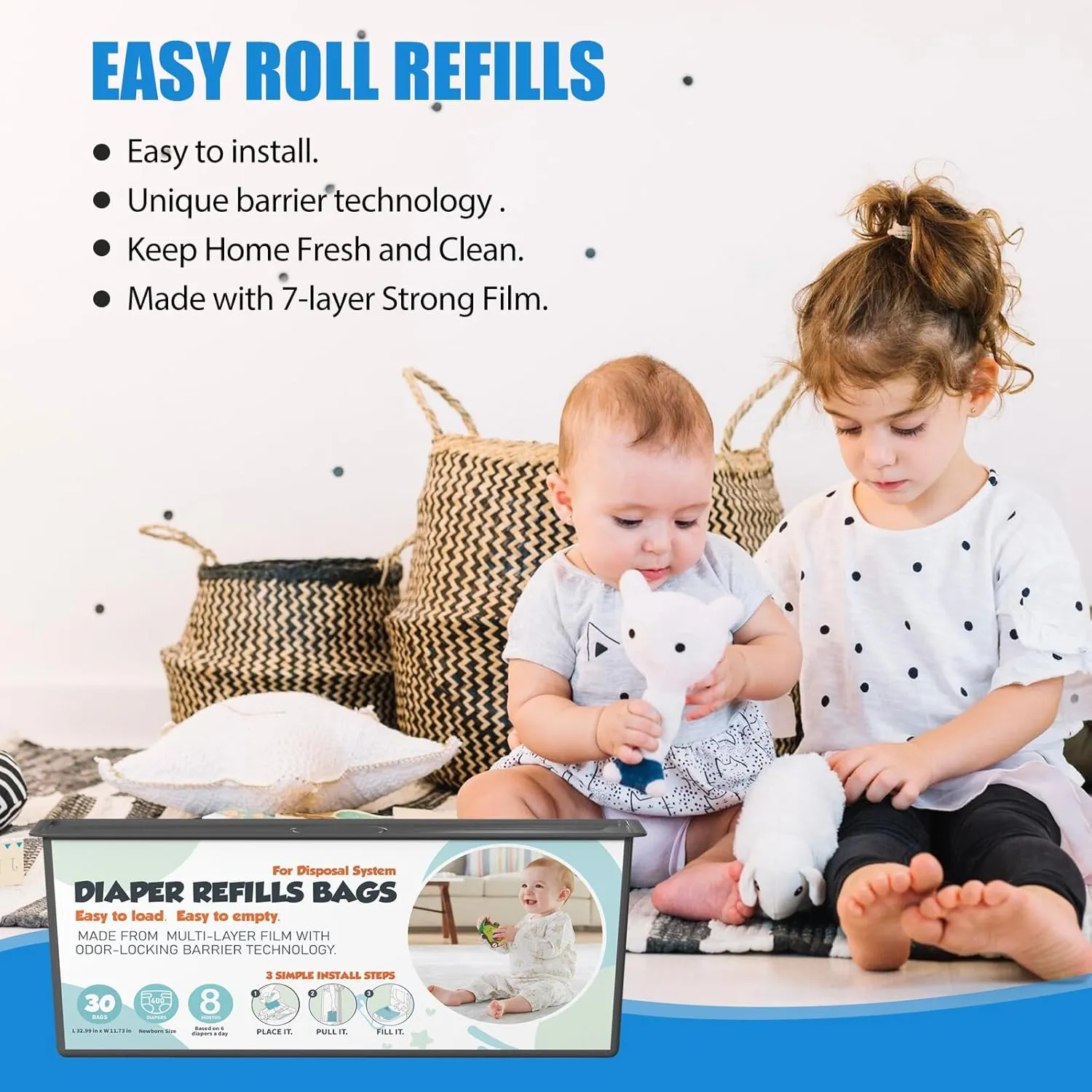 Diaper Pail Refills Bags with 30 Bags Compatible with Genie Easy Roll Signature and Platinum Diaper Pails, 7-Layer Odor-Barrier Technology, 4 Pack (120 Bag)