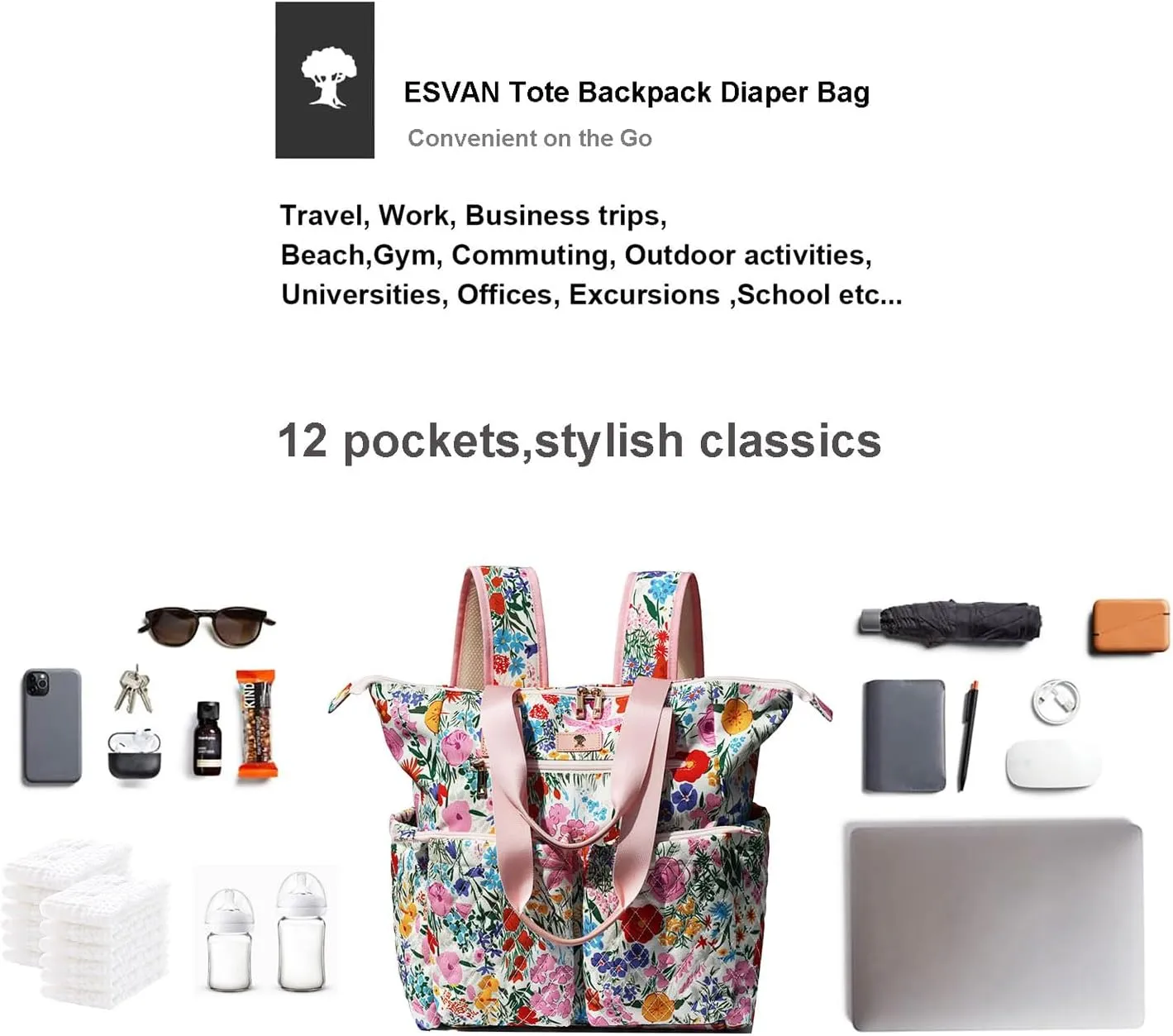 Diaper Tote Bag Totepack Backpack 2 in 1 for Women Multifunctional Large Capacity with Insulated Pockets Travel