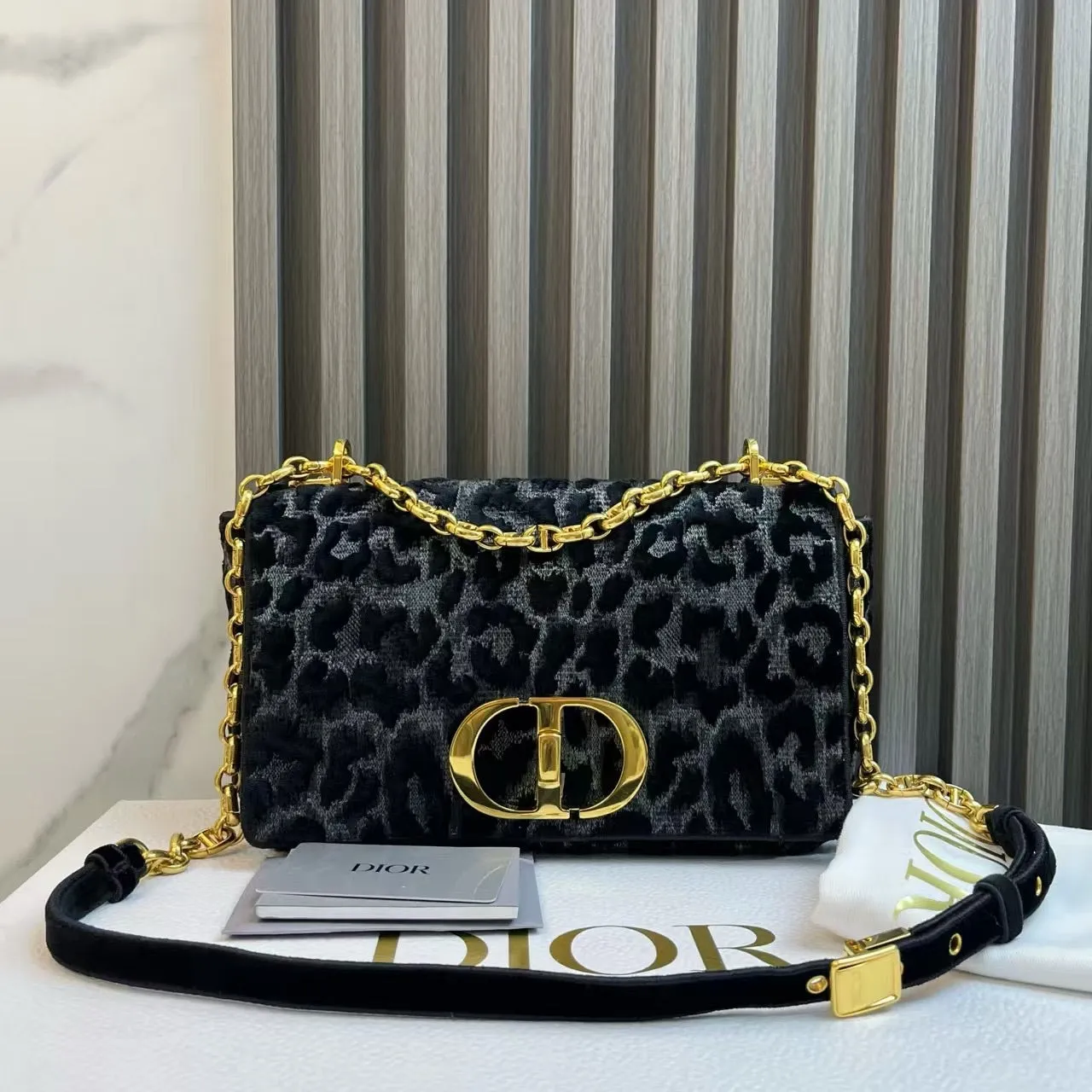 Dior Leopard Print Velvet Medium Shoulder Bag - Preloved, Black