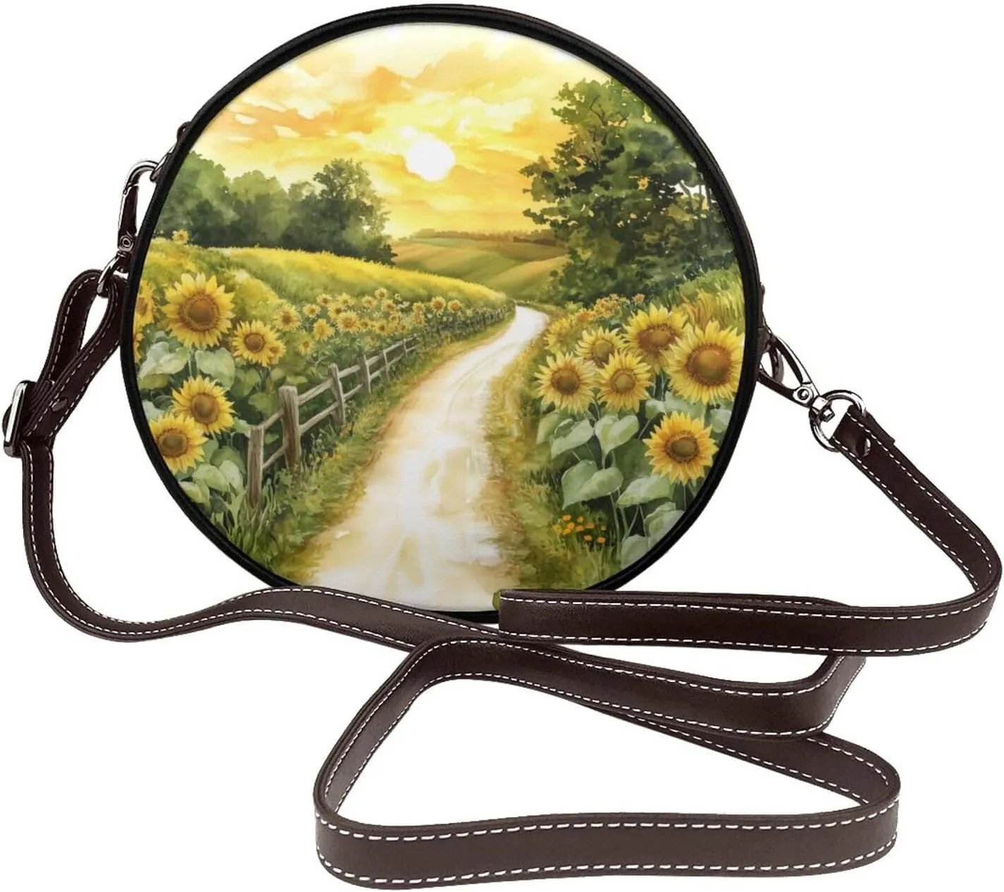 Dirt Road Lined With Sunflowers Women Round Crossbody Bags Leather Sling Bag Purse
