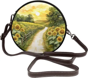 Dirt Road Lined With Sunflowers Women Round Crossbody Bags Leather Sling Bag Purse