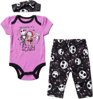 Disney Nightmare Before Christmas Zero Sally Jack Skellington Baby Girls Bodysuit Pants and Headband 3 Piece Outfit Set