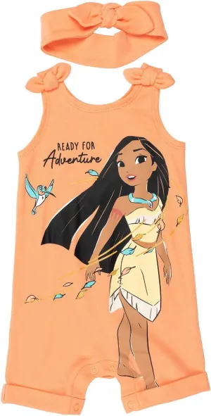 Disney Princess Rapunzel Ariel Belle Jasmine Aurora Baby Girls Snap Romper and Headband Newborn to Toddler