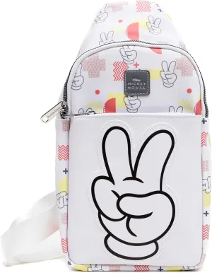 Disney Vegan Leather Crossbody Sling Bag, Mickey Mouse Peace Fingers Applique and Icons Collage, White, 7" x 14"