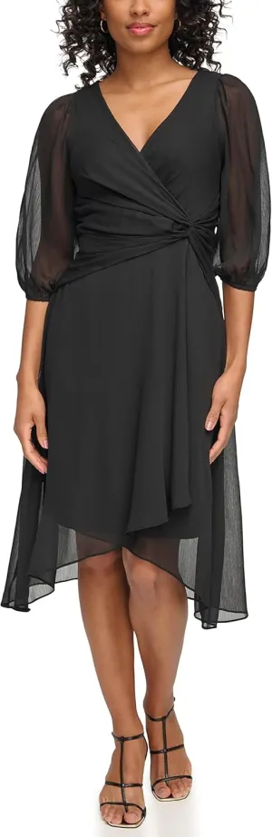 DKNY womens Chiffon 3/4 Sleeve Faux Wrap Dress