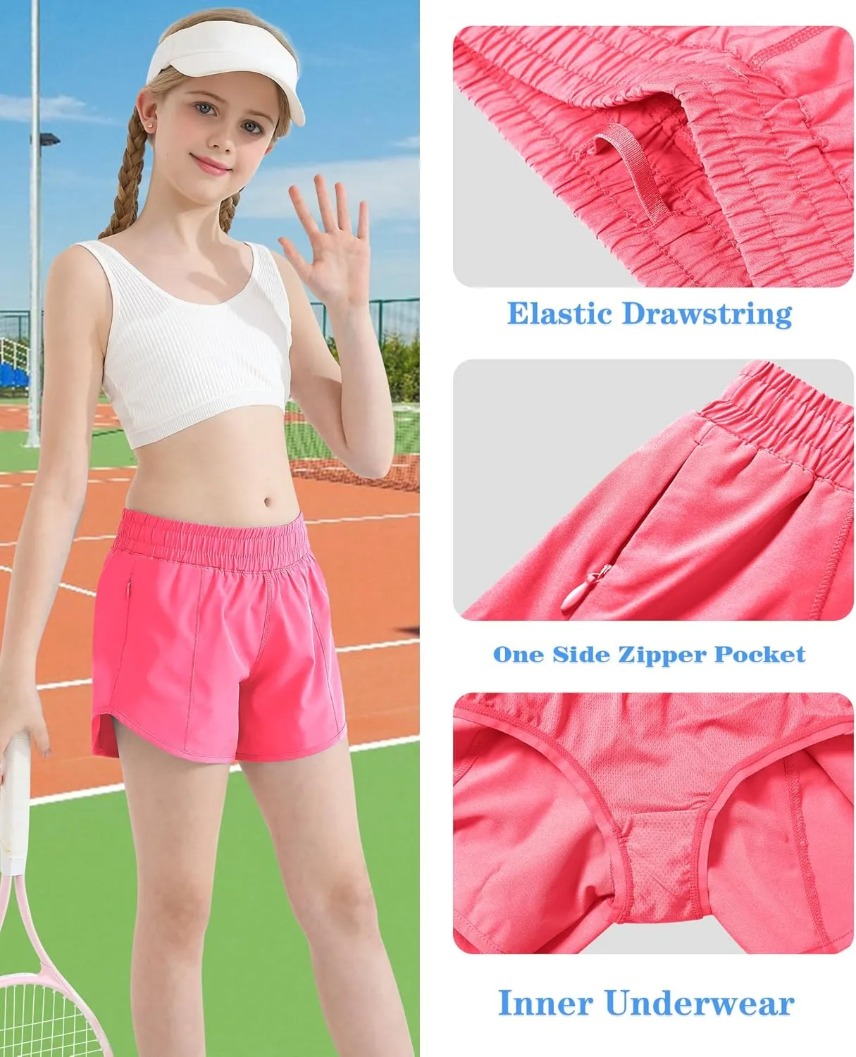 DOCUMO Girl's Athletic Shorts with Liner Zipper Pockets Quick Dry Running Shorts Sports Active Shorts for Teen Girls