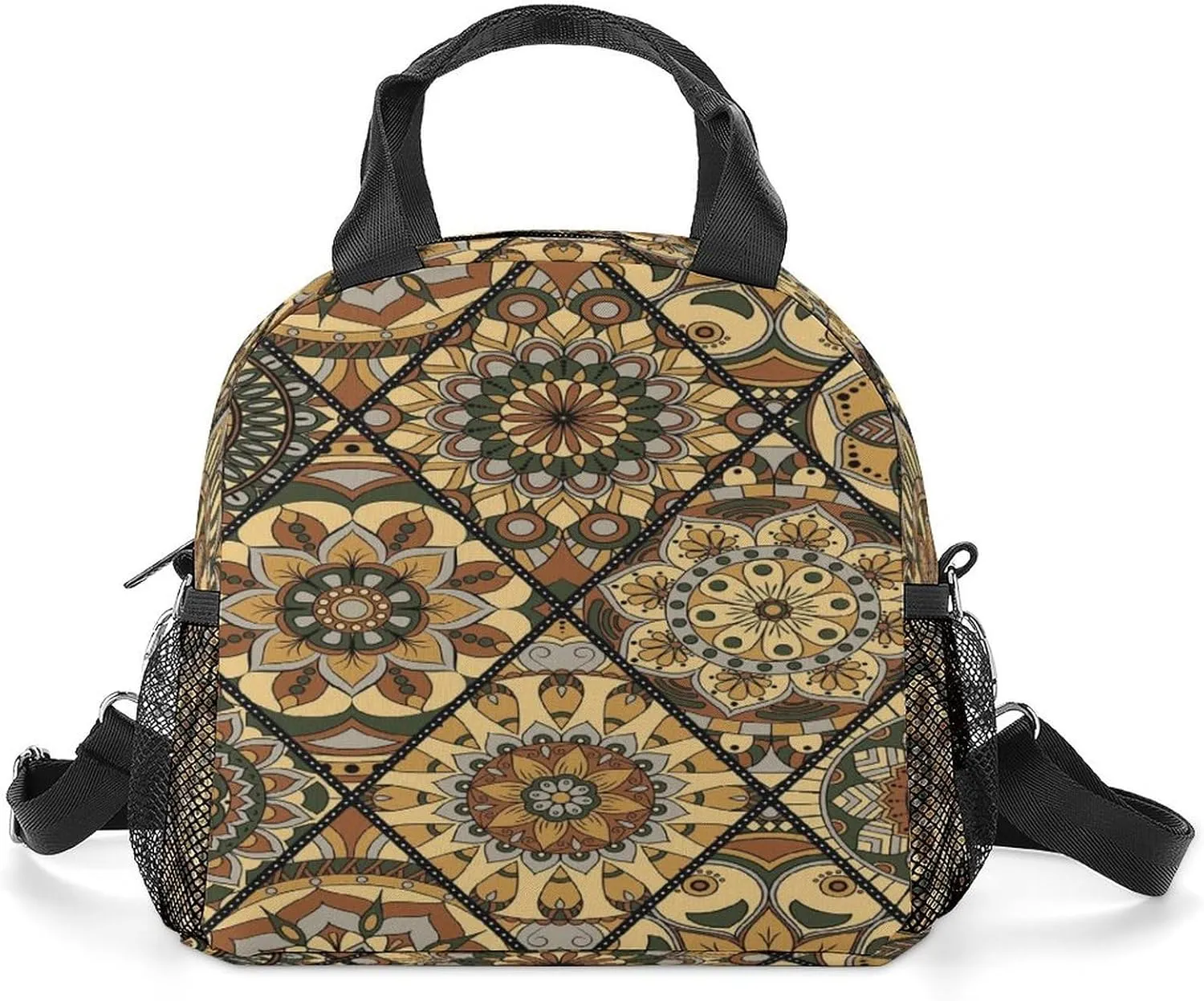 Donnapink Reusable Cooler Insulated Lunch Bag, Removable Strap Tote Handbag Thermal Reusable Box with Two Mesh Pockets 10x9x6.5 in Print Vintage Tribal Mandala Flowers Motifs